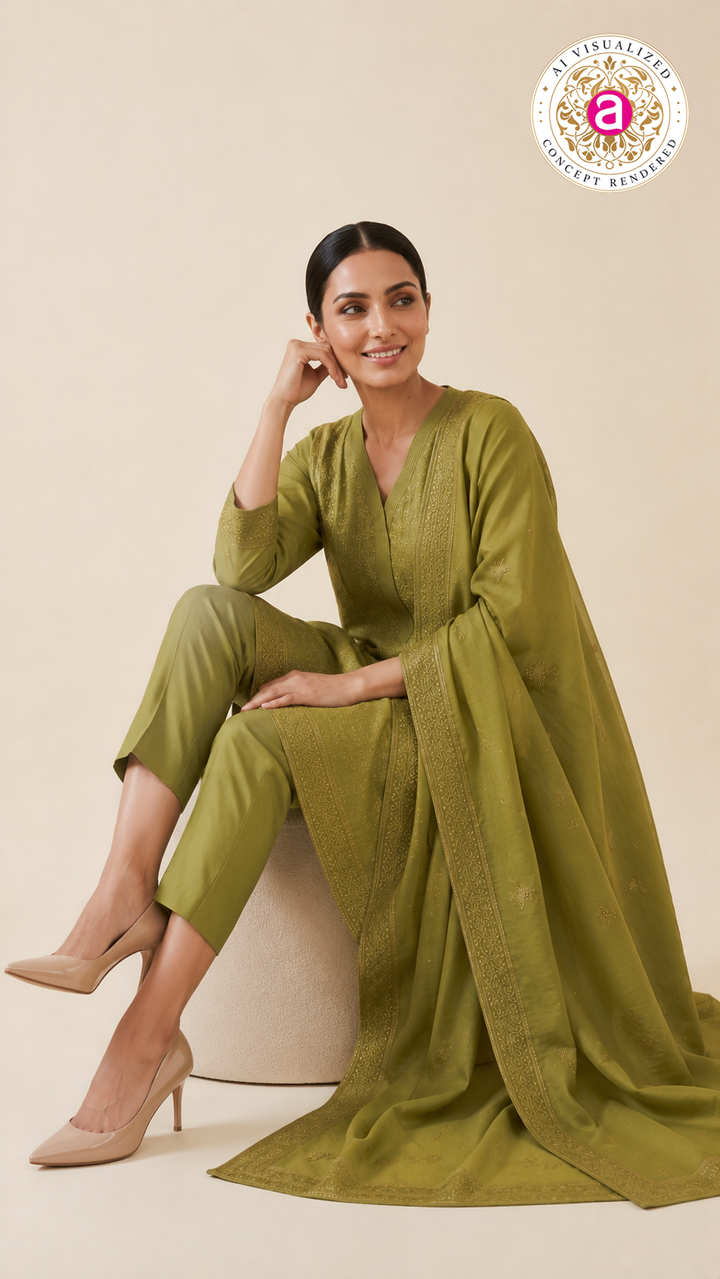 Olive Green Embroidered Anarkali Suit Set with Dupatta