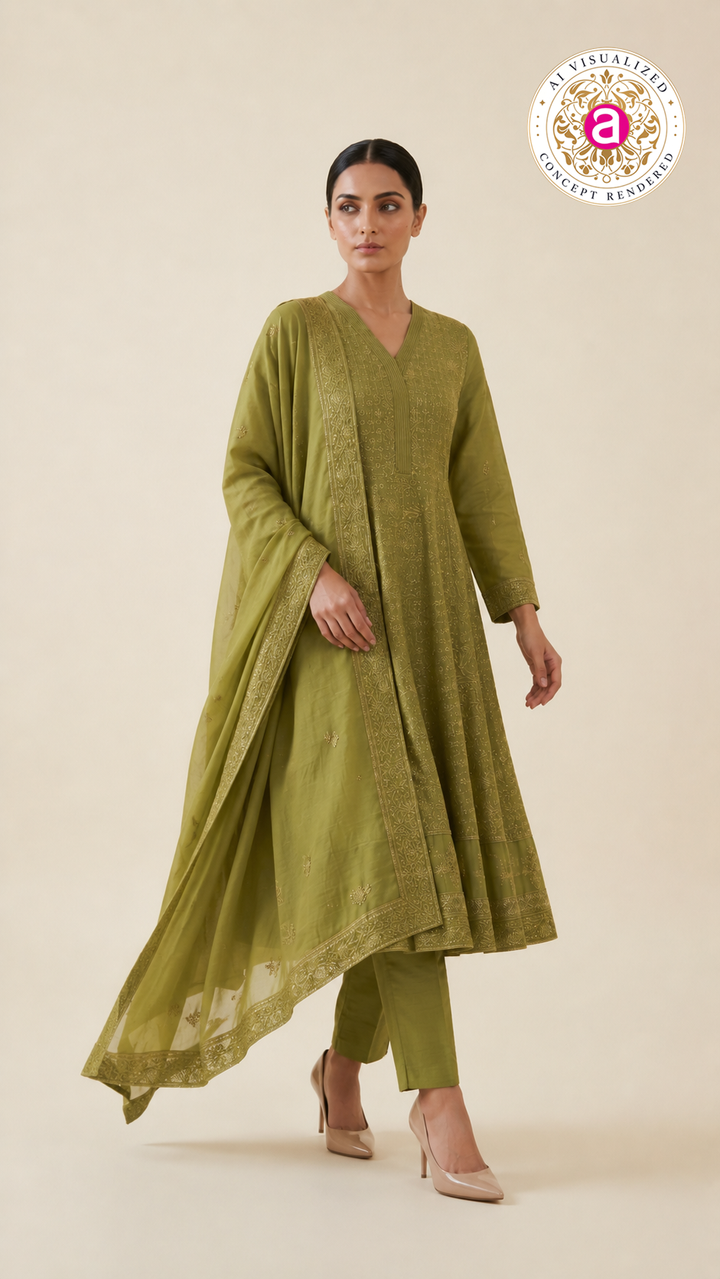 Olive Green Embroidered Anarkali Suit Set with Dupatta