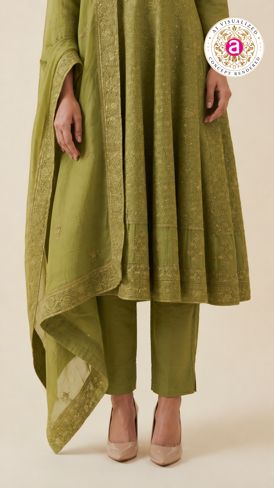 Olive Green Embroidered Anarkali Suit Set with Dupatta