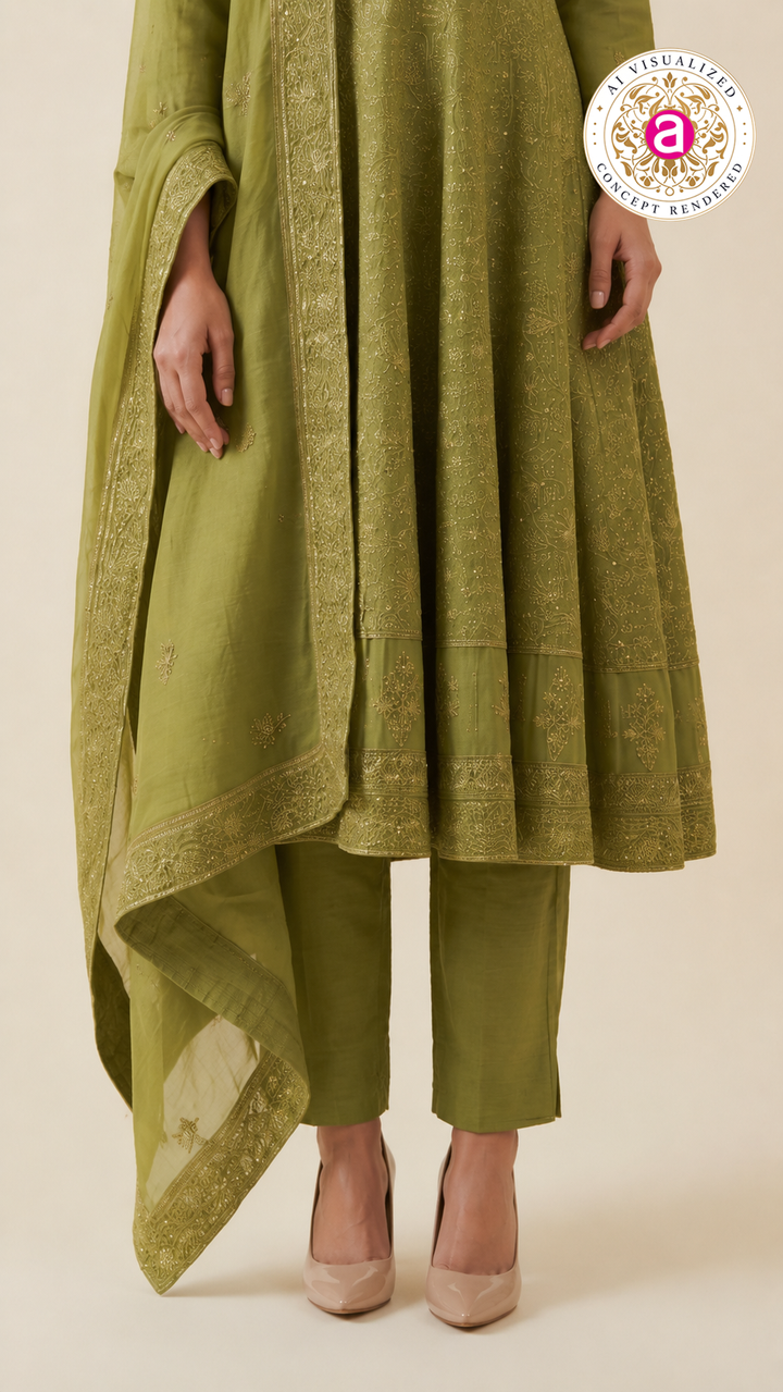 Olive Green Embroidered Anarkali Suit Set with Dupatta