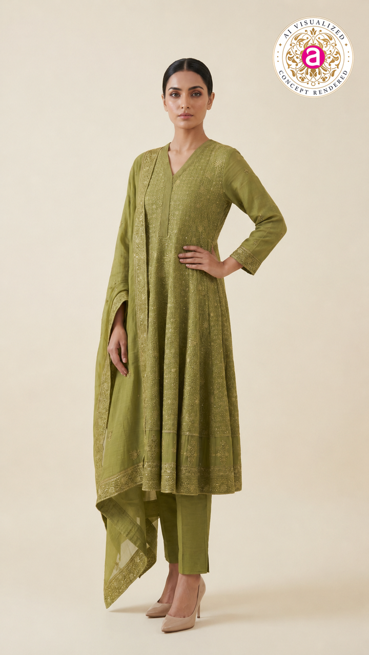 Olive Green Embroidered Anarkali Suit Set with Dupatta