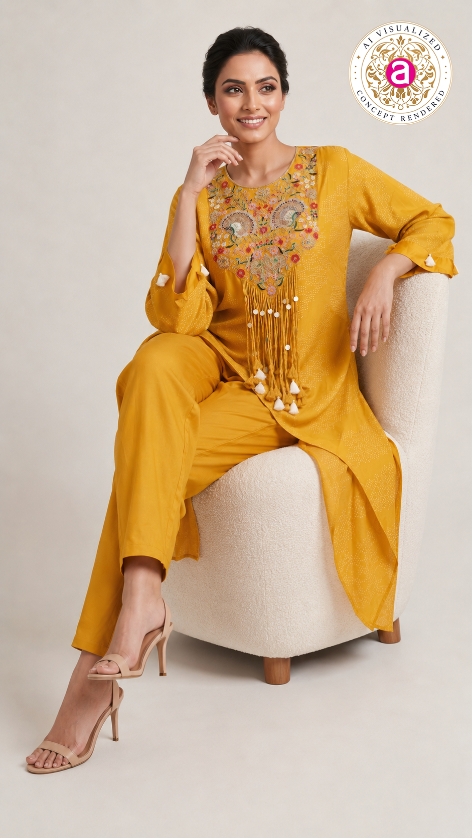 Mustard Yellow Embroidered Co-Ord Set with High-Low Tunic