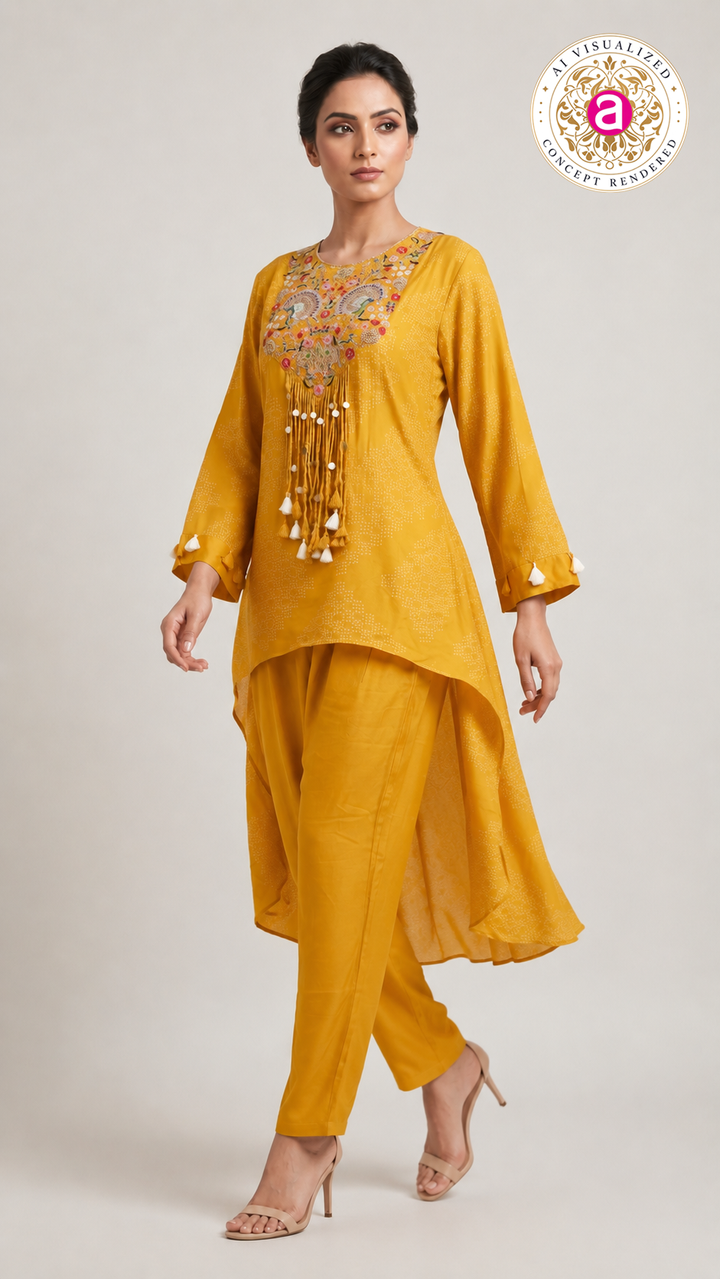 Mustard Yellow Embroidered Co-Ord Set with High-Low Tunic