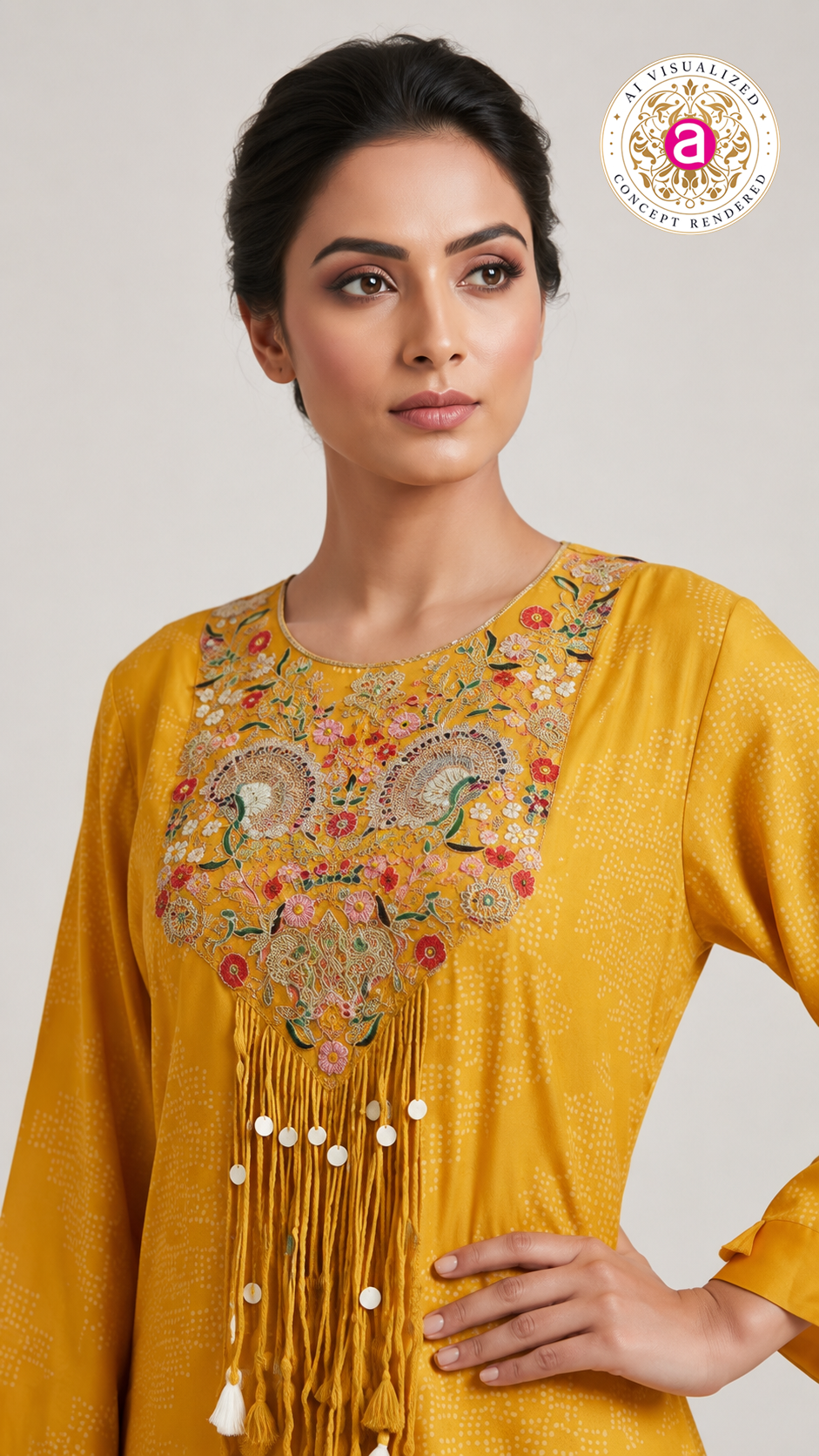 Mustard Yellow Embroidered Co-Ord Set with High-Low Tunic