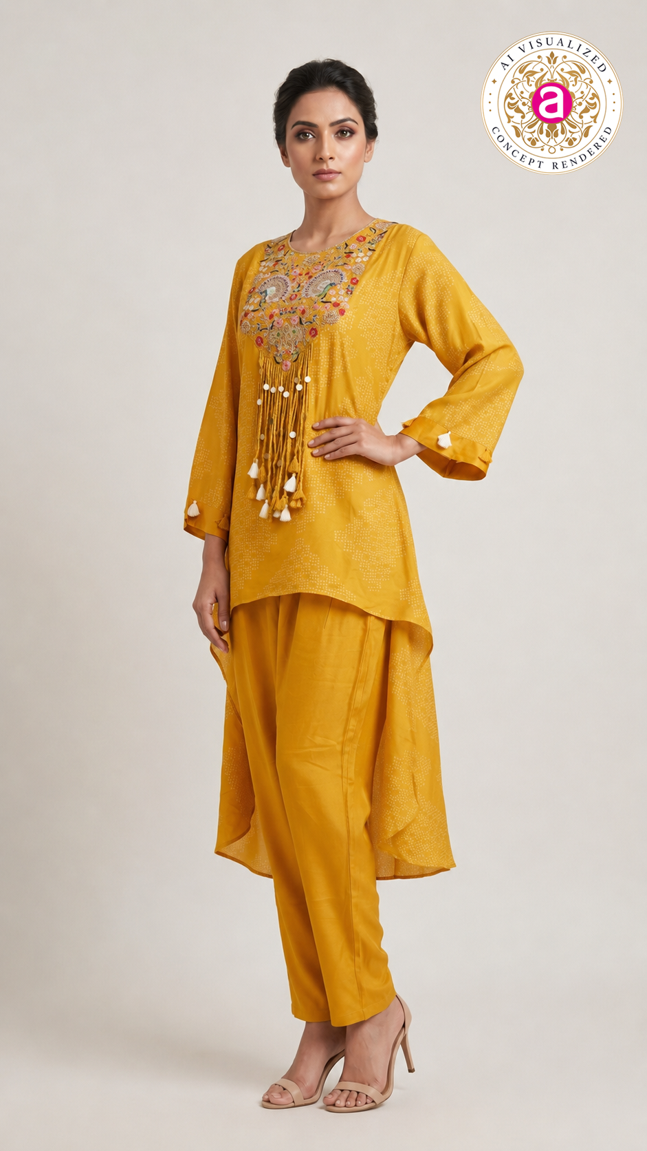 Mustard Yellow Embroidered Co-Ord Set with High-Low Tunic