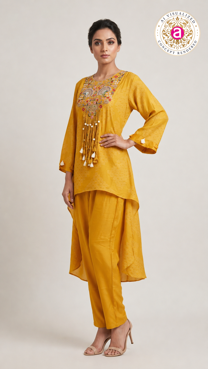 Mustard Yellow Embroidered Co-Ord Set with High-Low Tunic