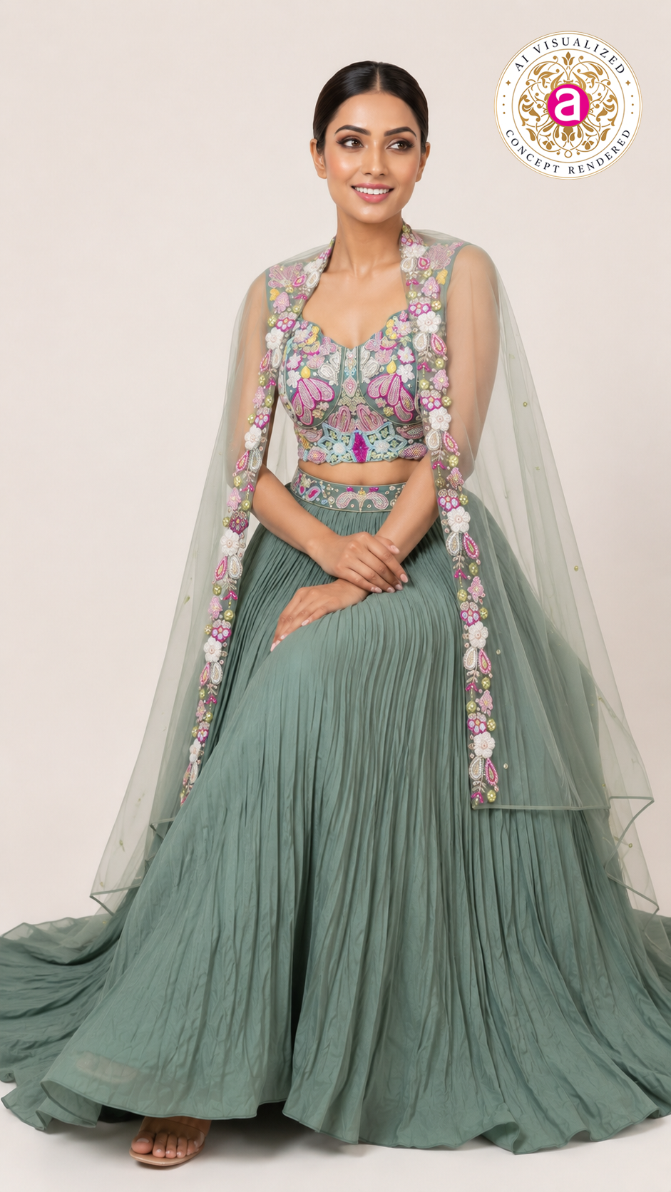 Sage Green Floral Embroidered Lehenga Set with Cape Dupatta