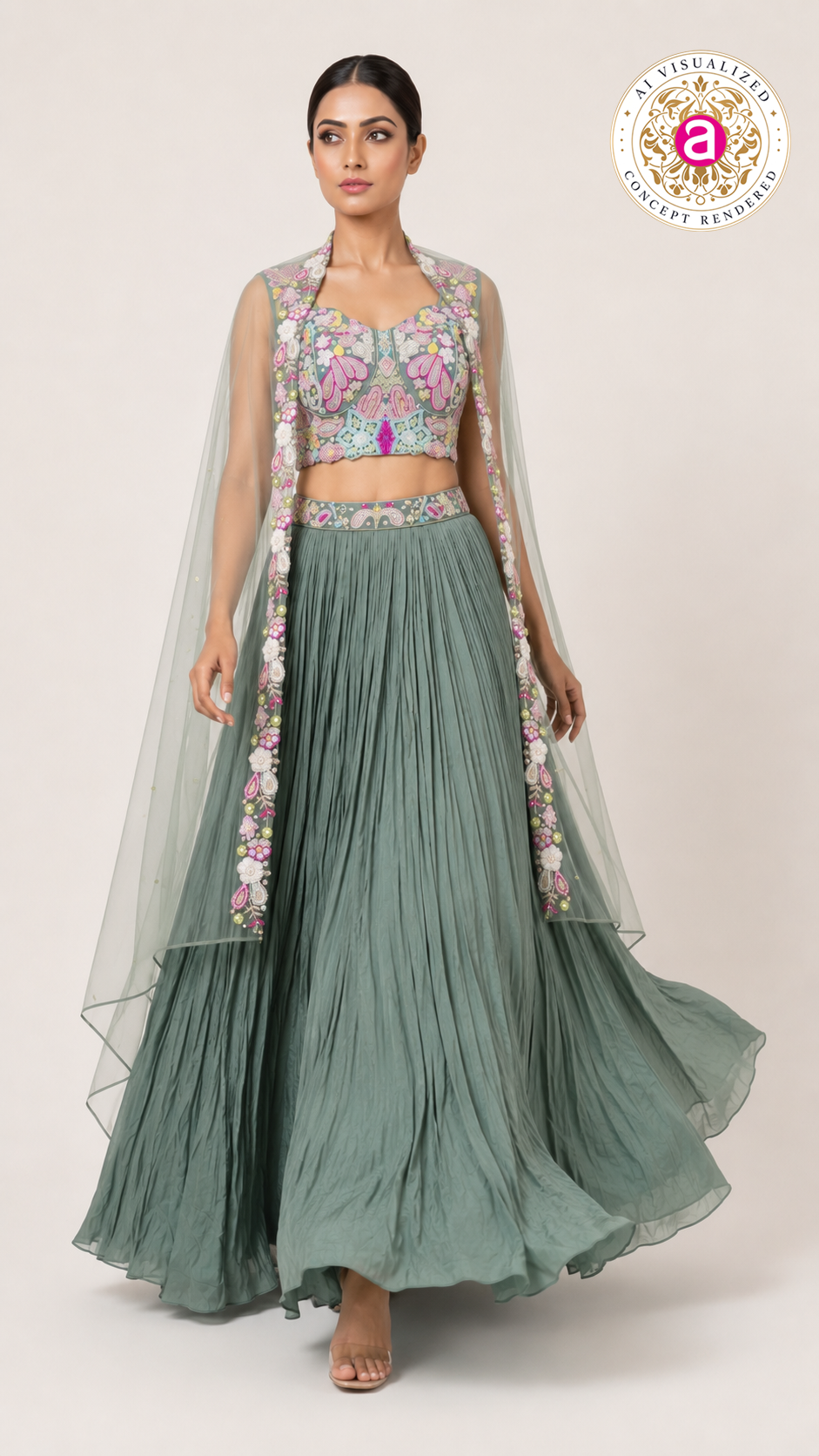 Sage Green Floral Embroidered Lehenga Set with Cape Dupatta