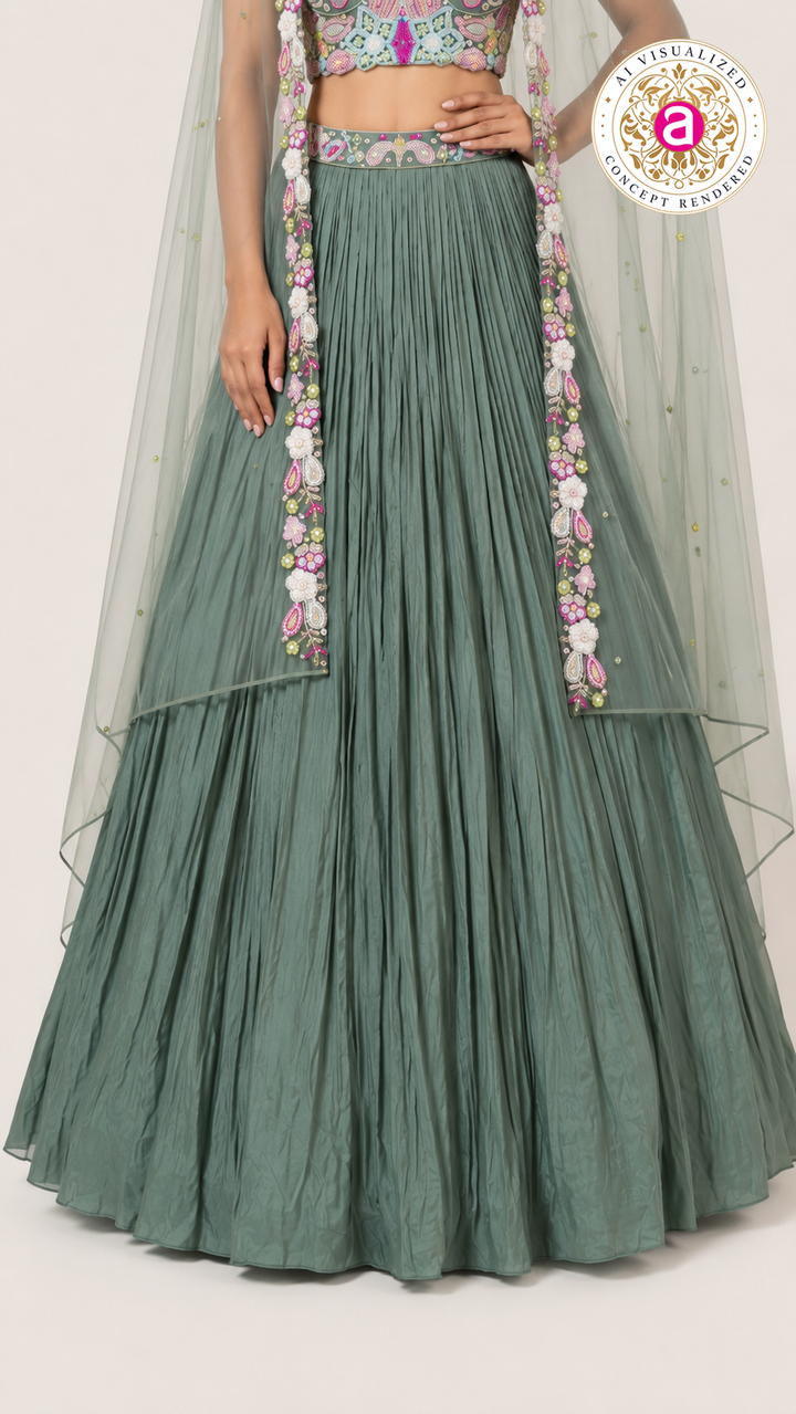 Sage Green Floral Embroidered Lehenga Set with Cape Dupatta