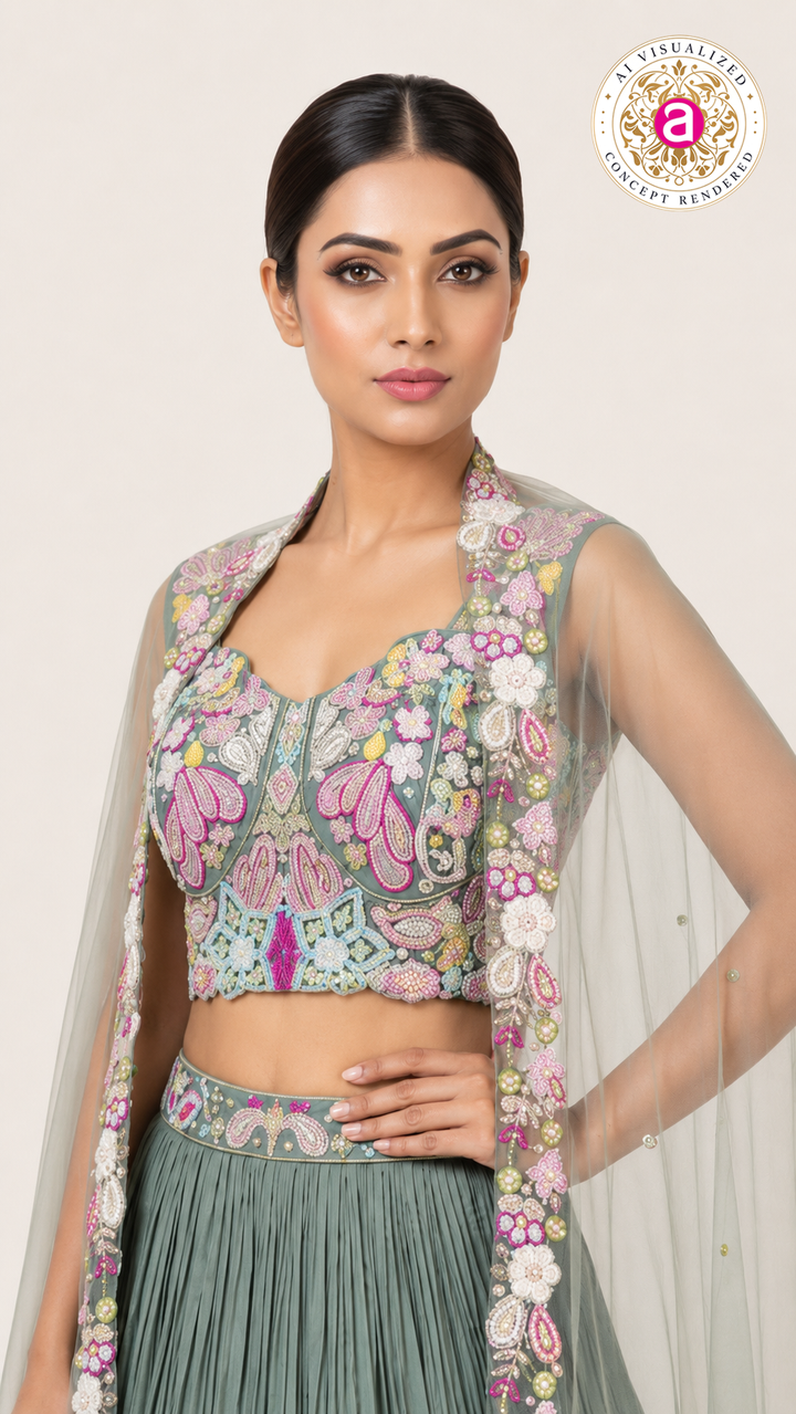 Sage Green Floral Embroidered Lehenga Set with Cape Dupatta