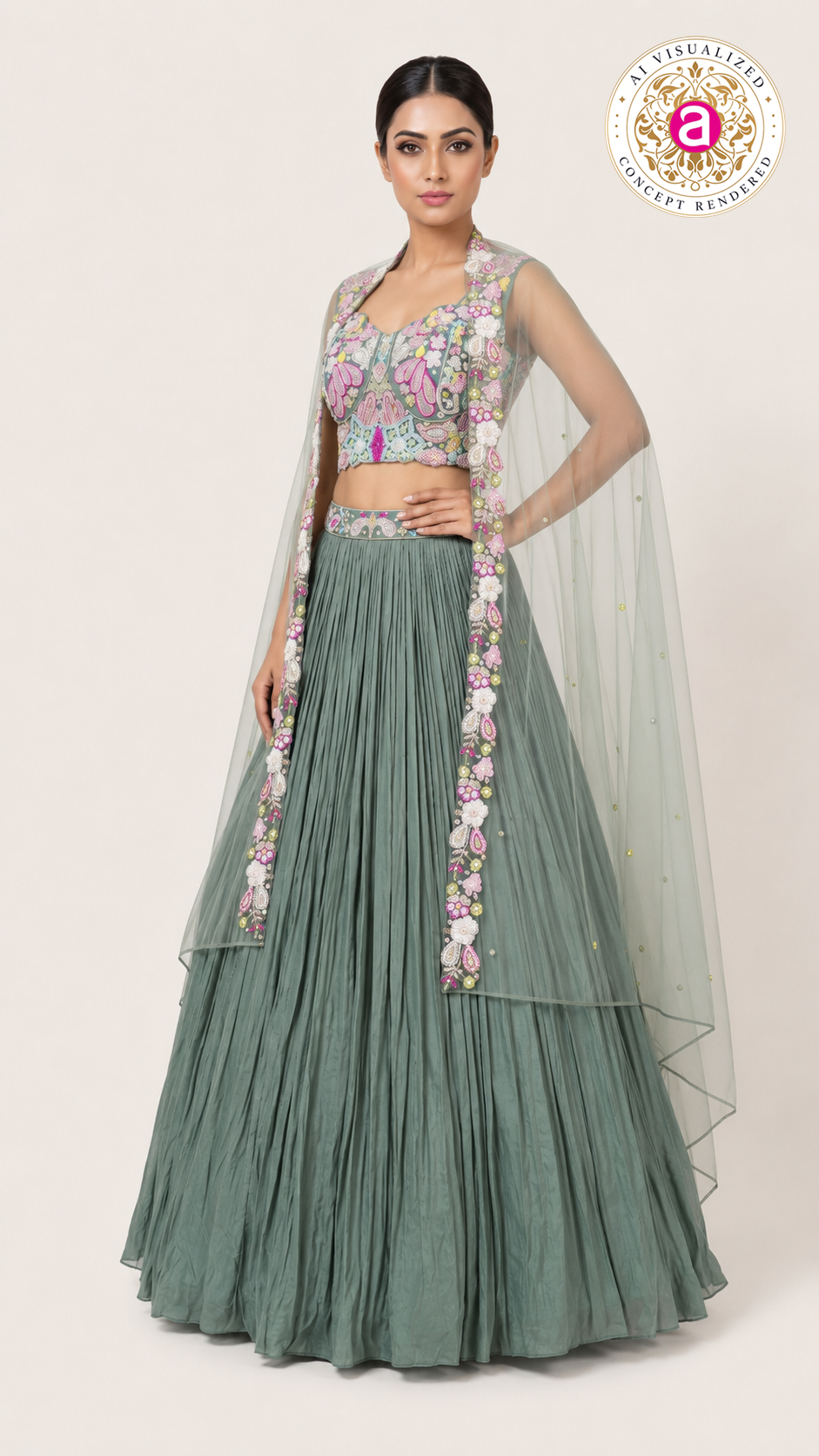 Sage Green Floral Embroidered Lehenga Set with Cape Dupatta