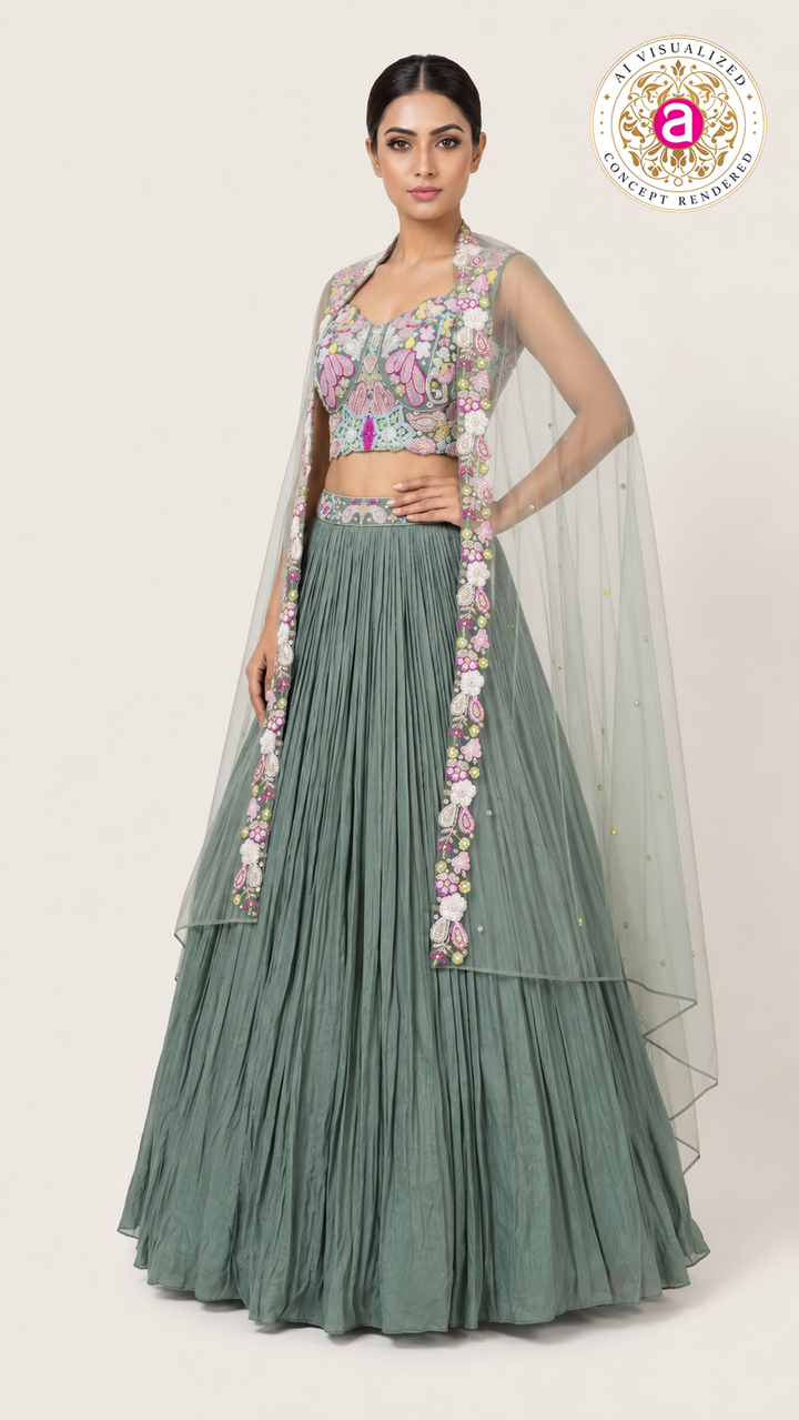 Sage Green Floral Embroidered Lehenga Set with Cape Dupatta