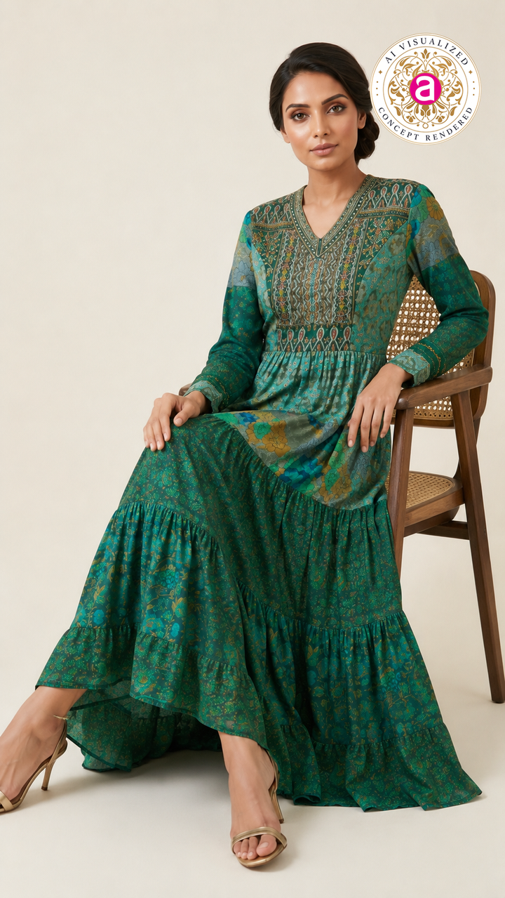Teal Printed Tiered Maxi Dress