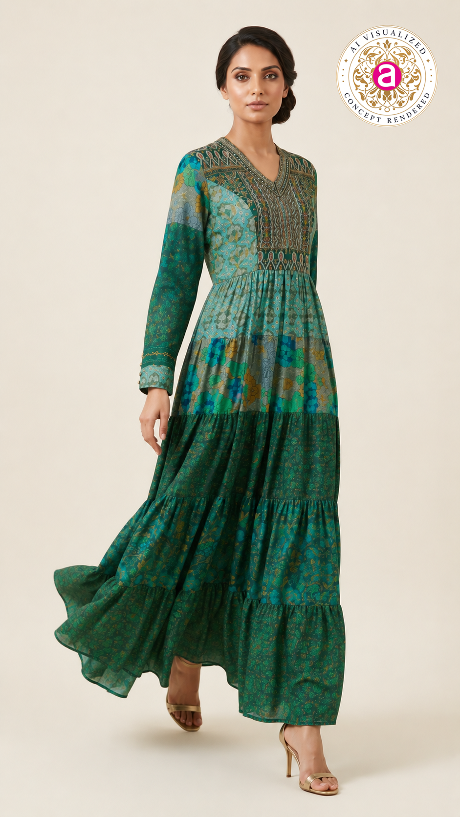 Teal Printed Tiered Maxi Dress