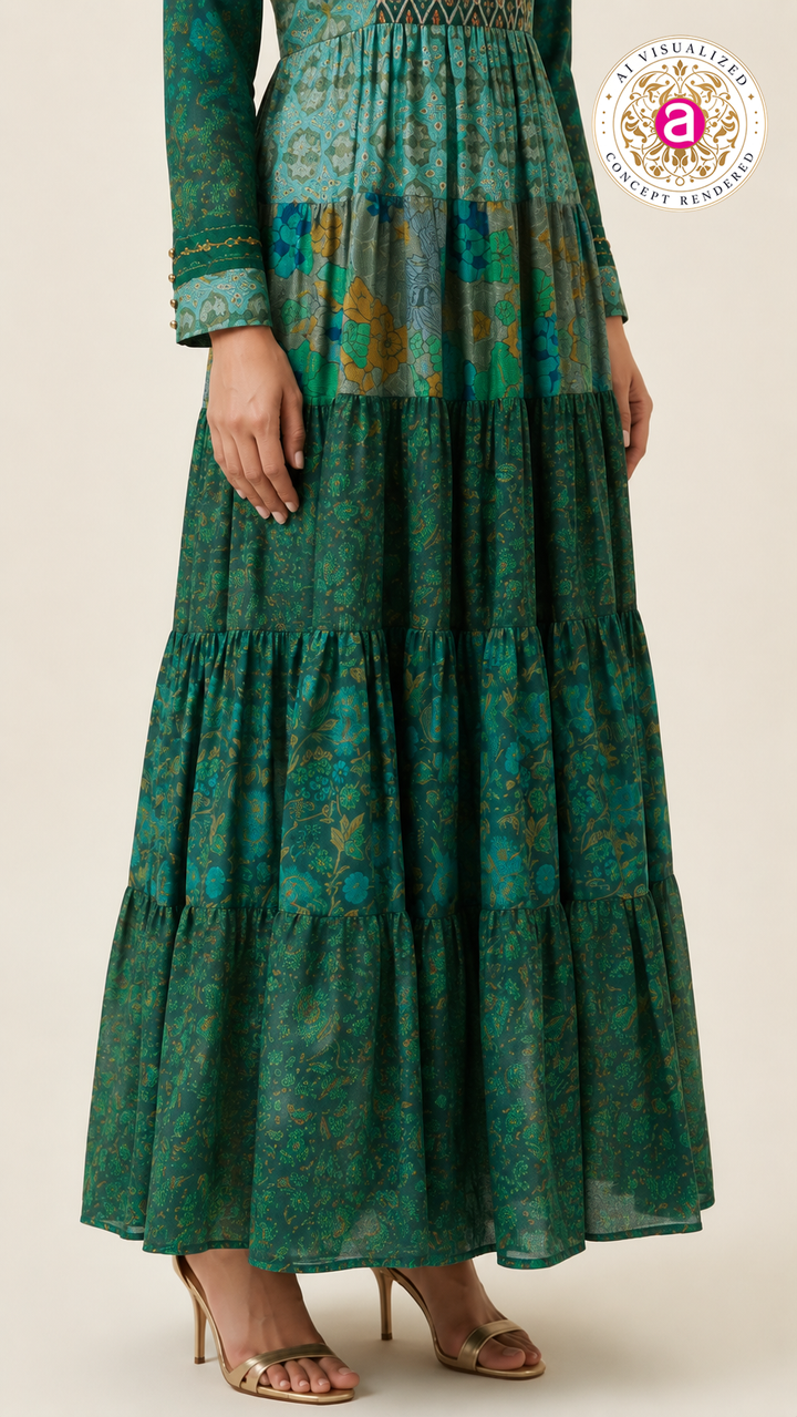 Teal Printed Tiered Maxi Dress