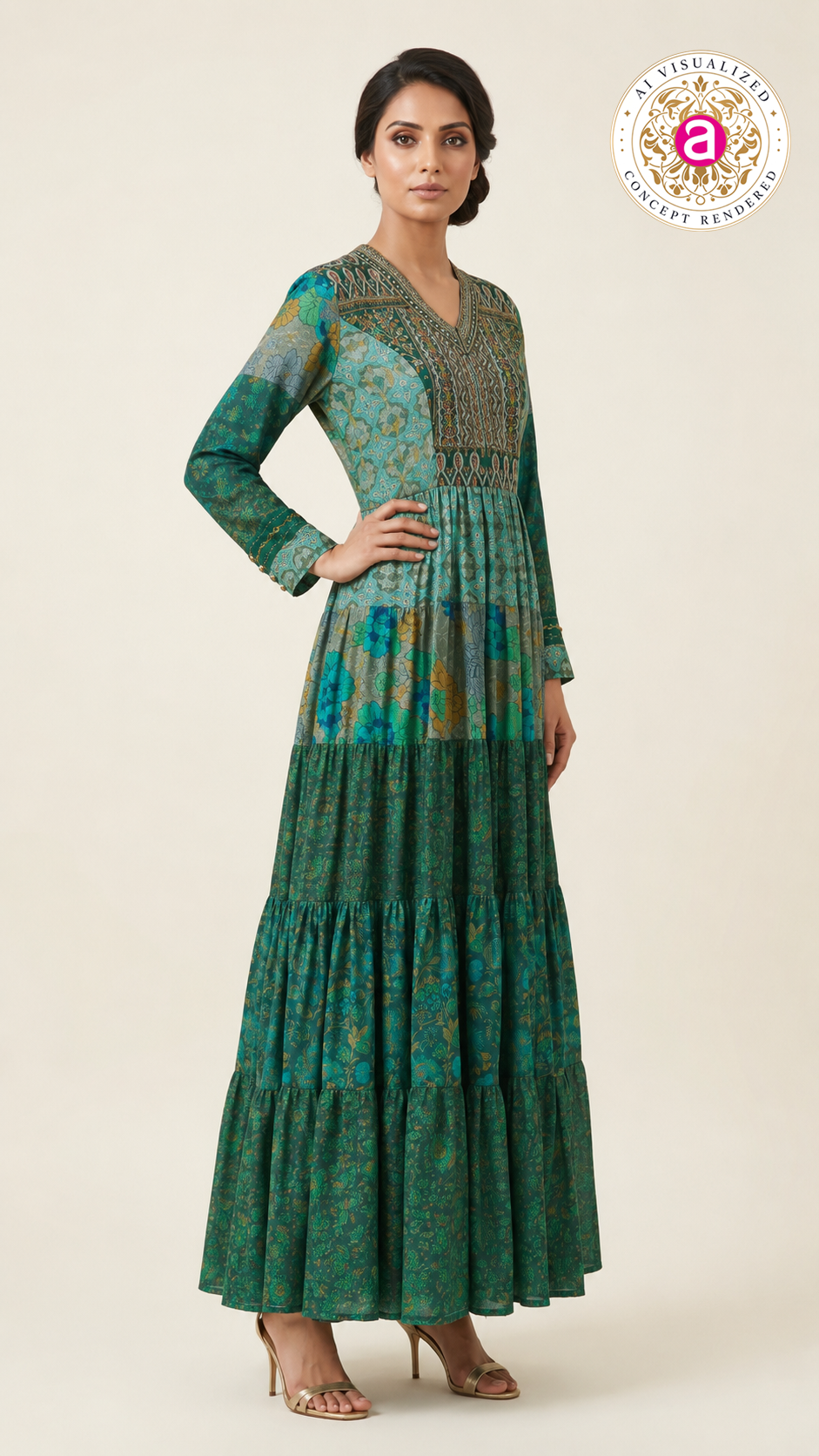 Teal Printed Tiered Maxi Dress