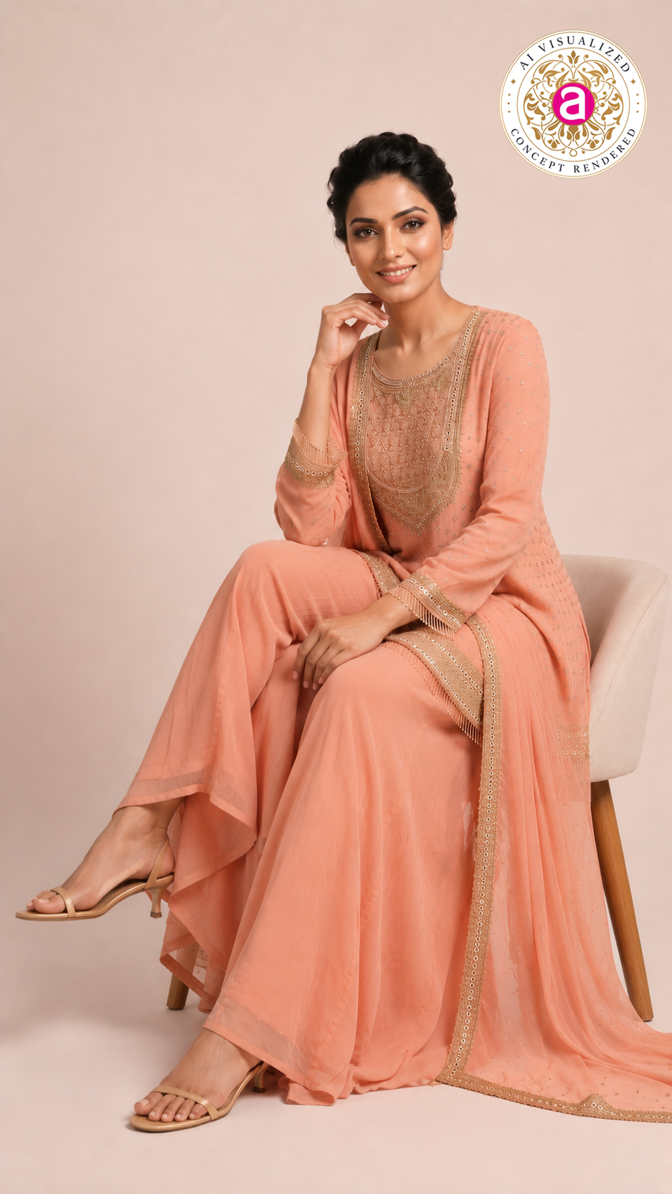 Peach Embroidered Kurta Palazzo Set with Dupatta
