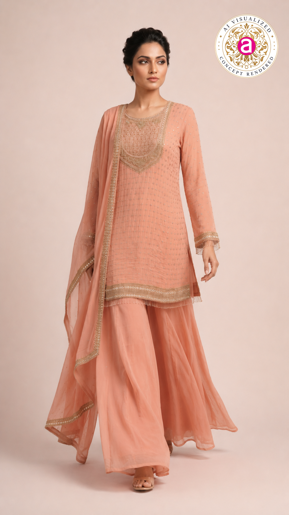 Peach Embroidered Kurta Palazzo Set with Dupatta