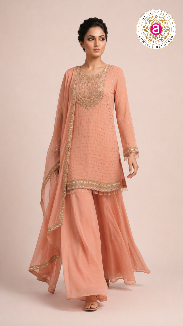 Peach Embroidered Kurta Palazzo Set with Dupatta