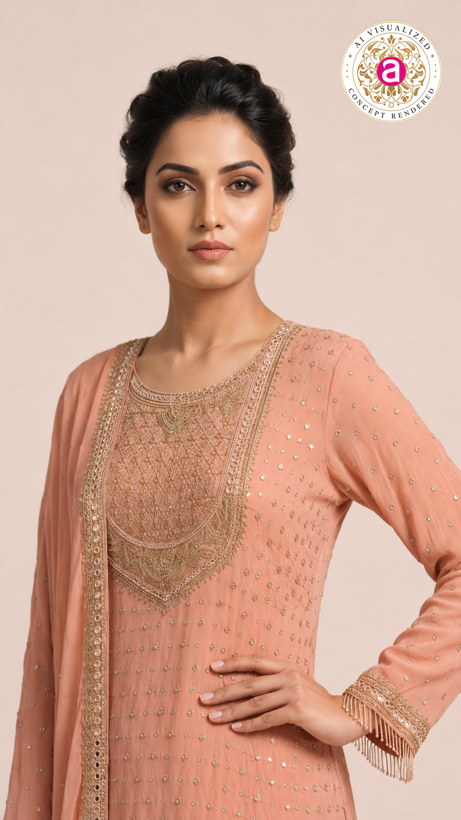 Peach Embroidered Kurta Palazzo Set with Dupatta