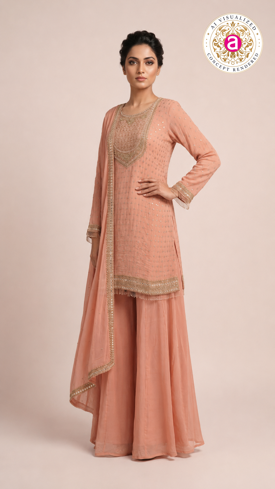 Peach Embroidered Kurta Palazzo Set with Dupatta