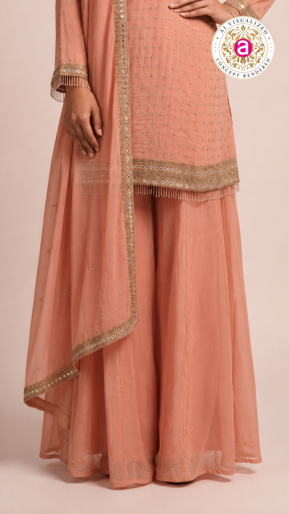 Peach Embroidered Kurta Palazzo Set with Dupatta