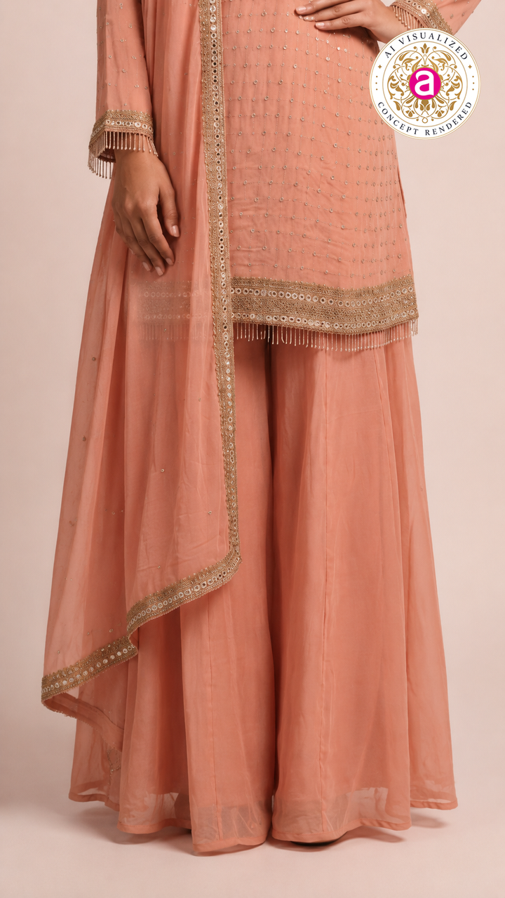 Peach Embroidered Kurta Palazzo Set with Dupatta