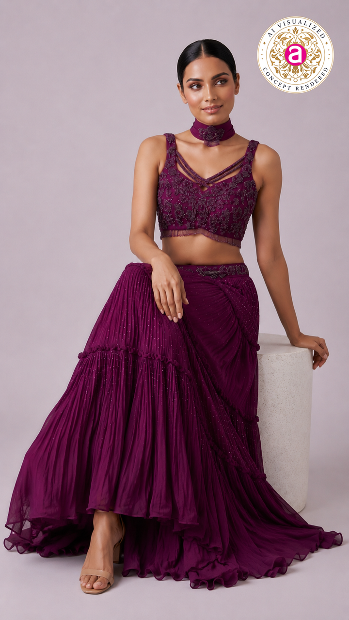 Wine Embellished Tiered Lehenga Set with Choker Neck Detail