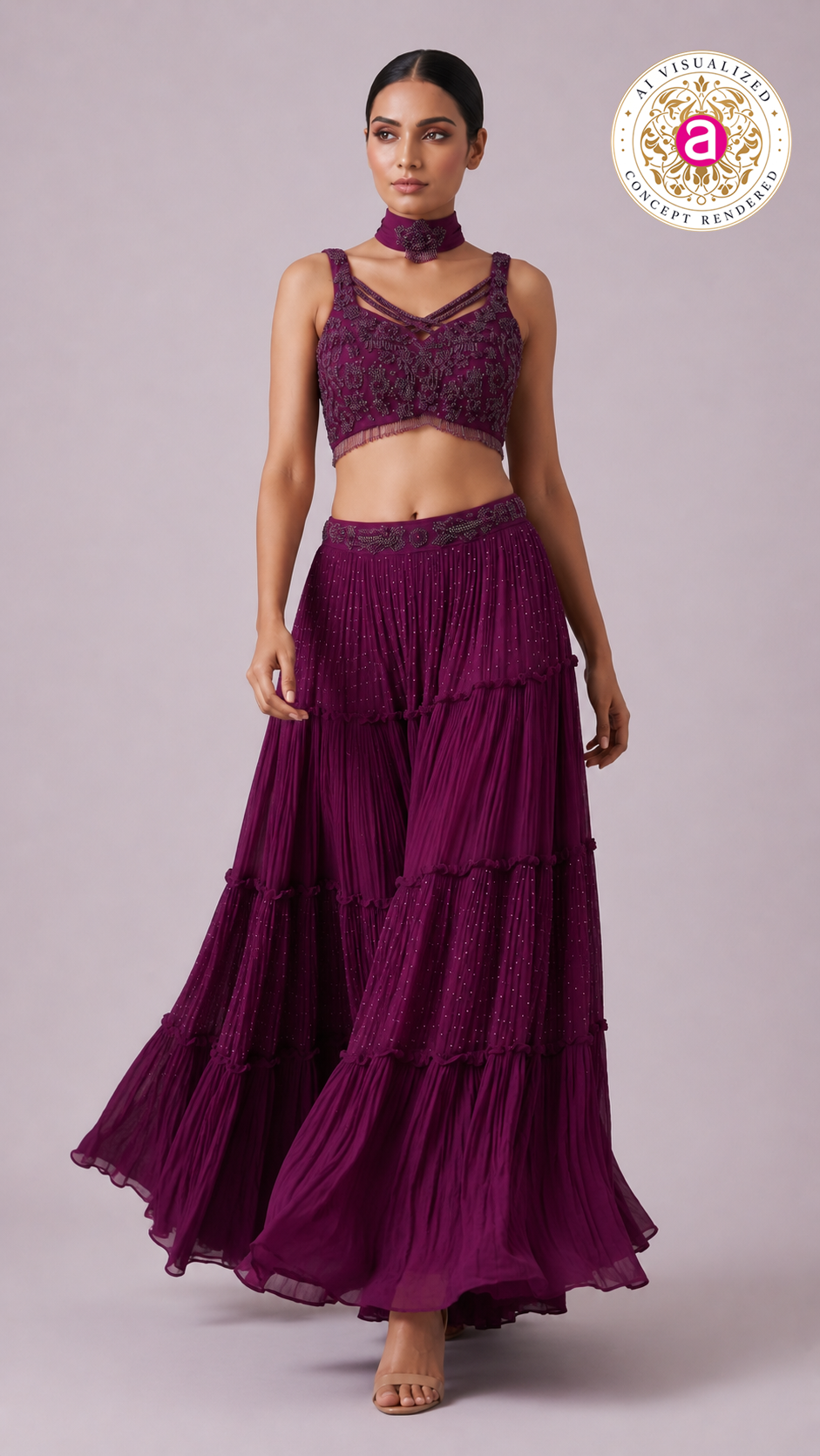 Wine Embellished Tiered Lehenga Set with Choker Neck Detail