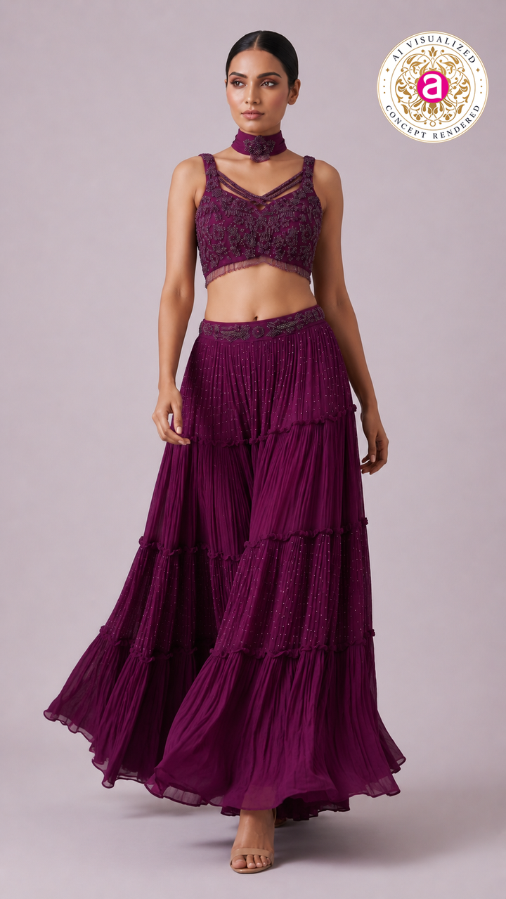 Wine Embellished Tiered Lehenga Set with Choker Neck Detail