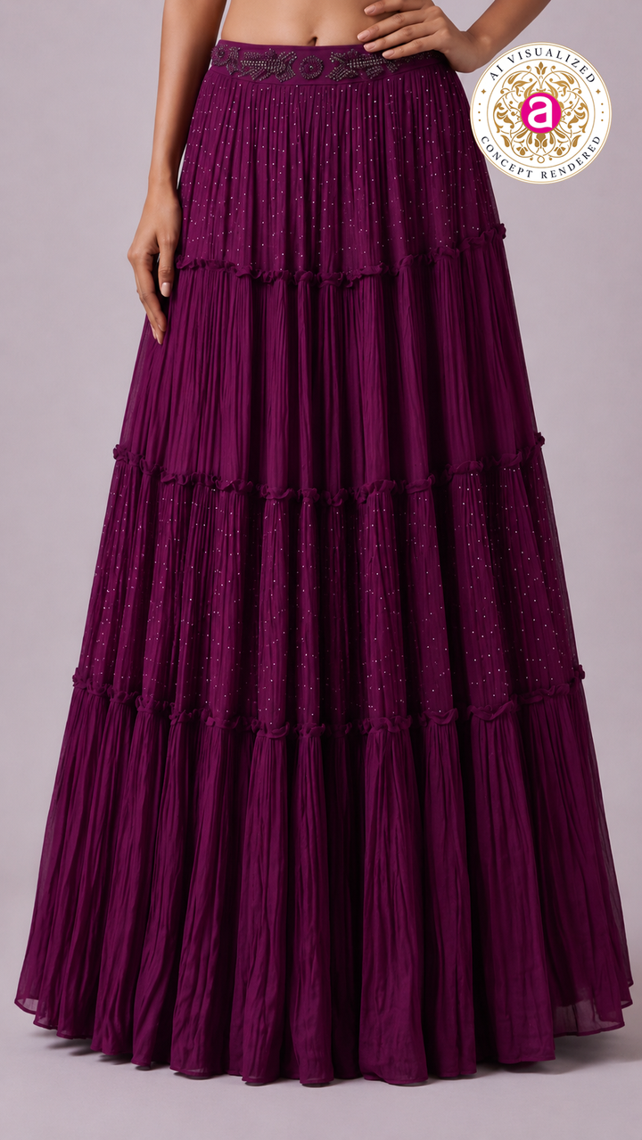 Wine Embellished Tiered Lehenga Set with Choker Neck Detail