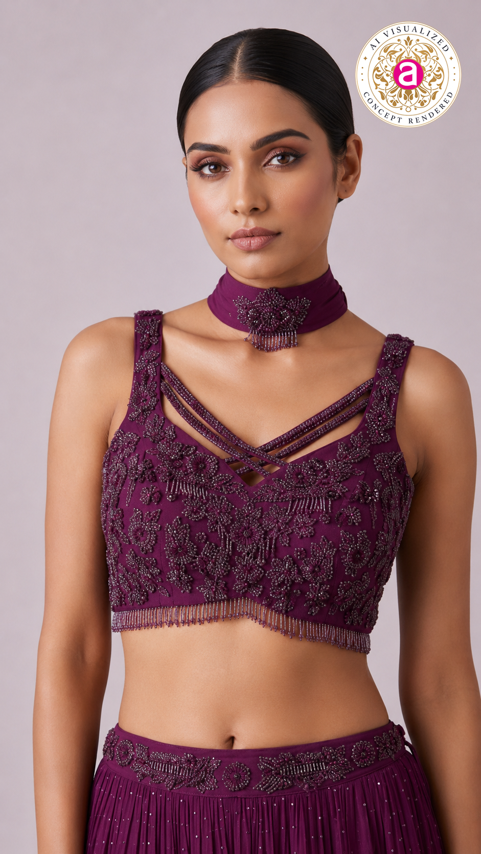 Wine Embellished Tiered Lehenga Set with Choker Neck Detail