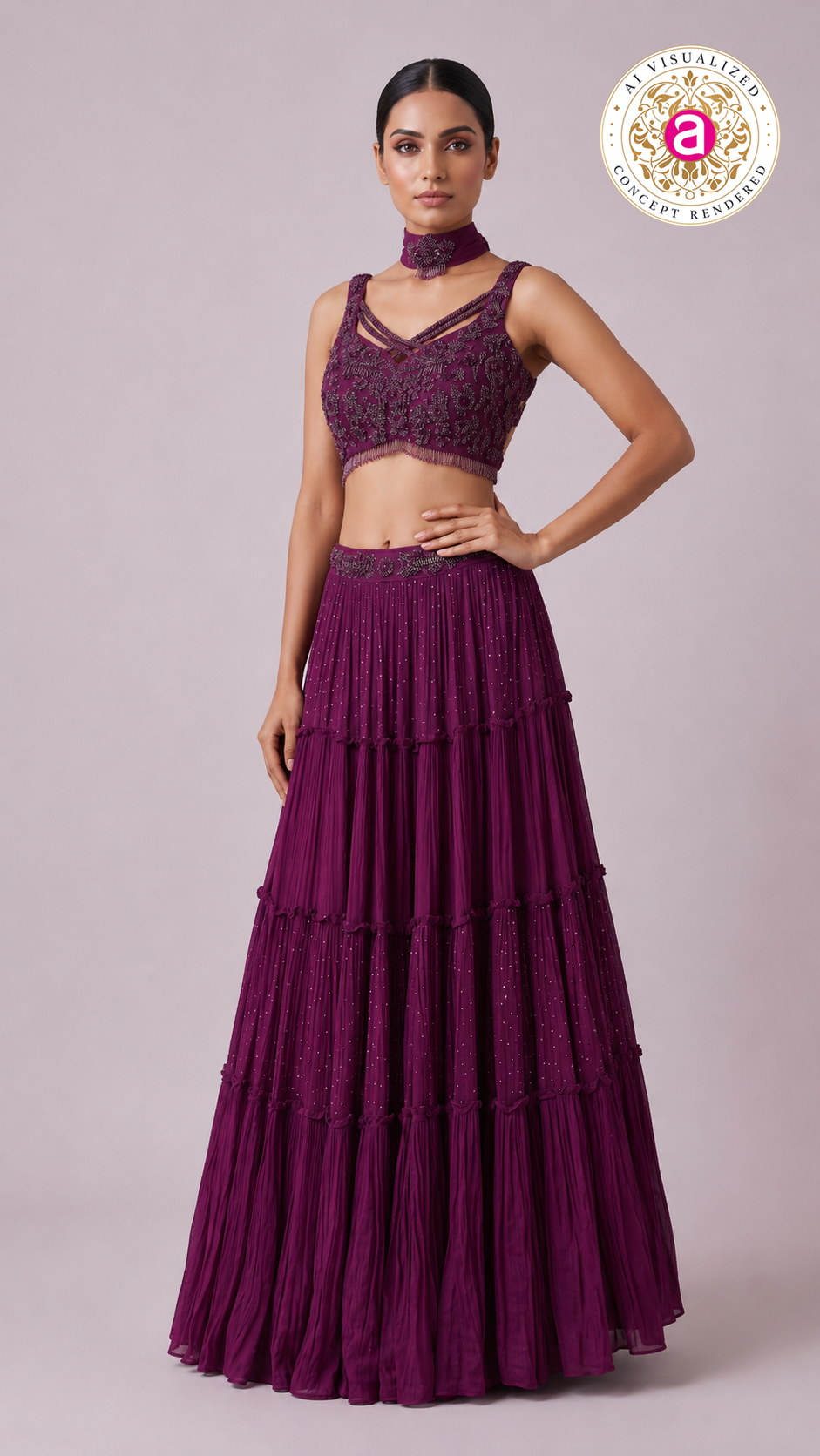 Wine Embellished Tiered Lehenga Set with Choker Neck Detail