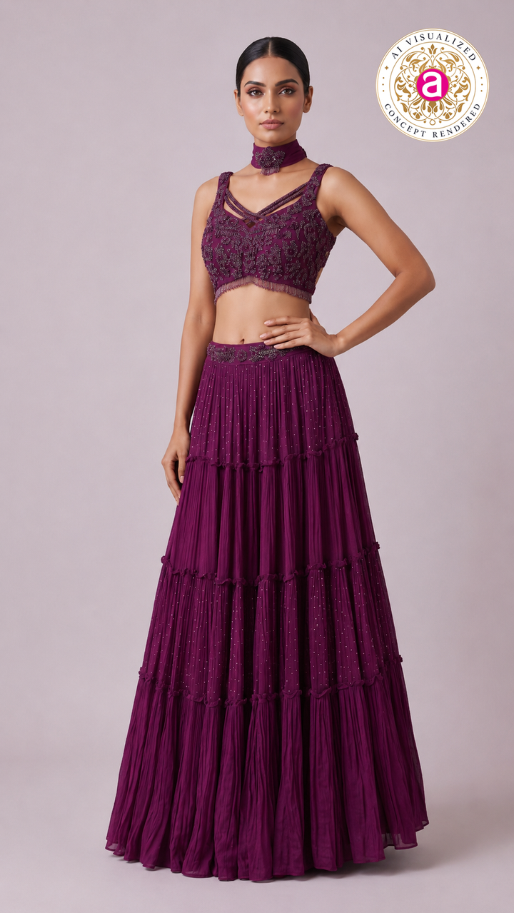 Wine Embellished Tiered Lehenga Set with Choker Neck Detail