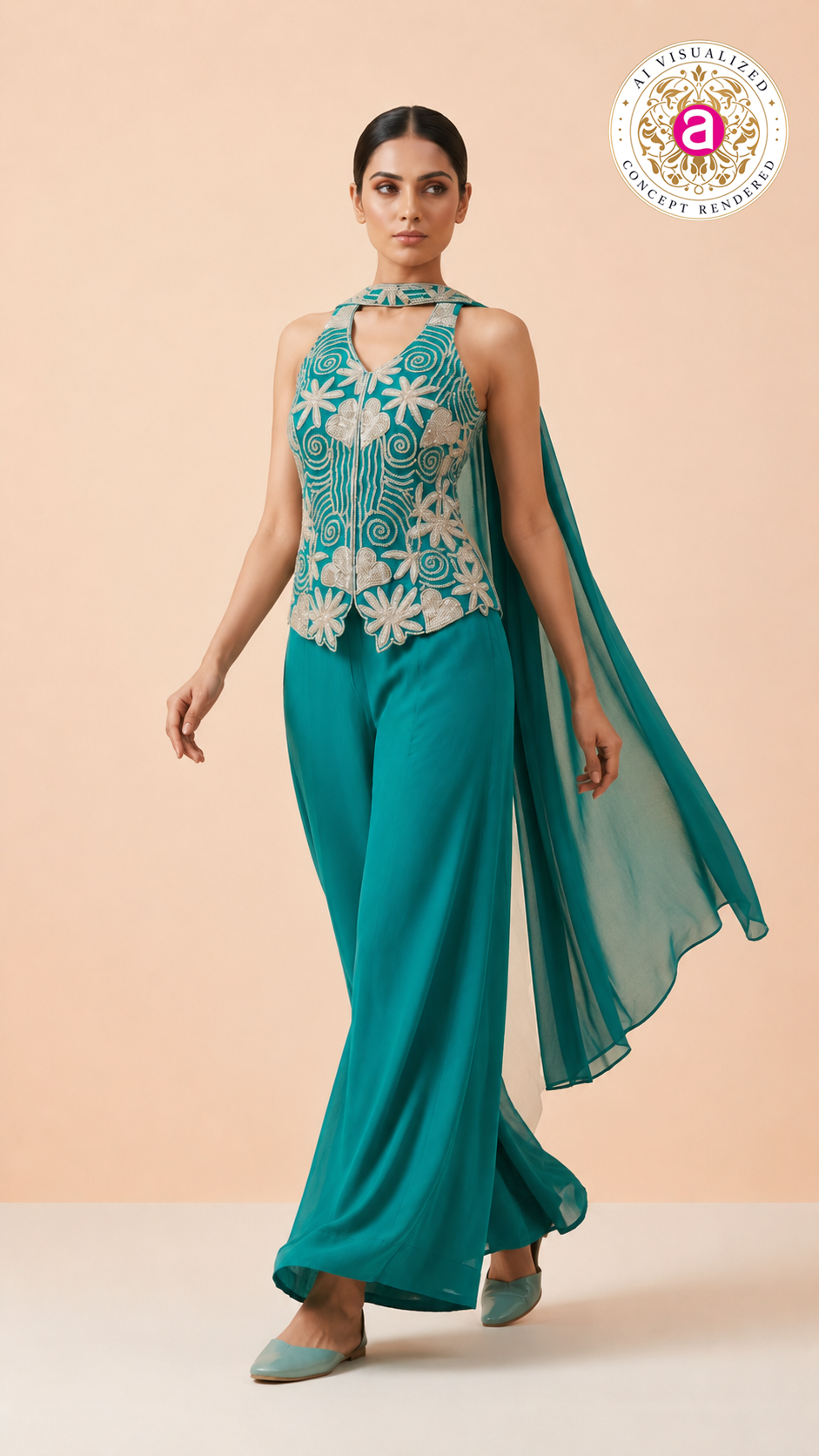Teal Embroidered Halter Top & Palazzo Set