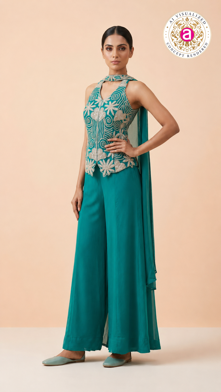Teal Embroidered Halter Top & Palazzo Set