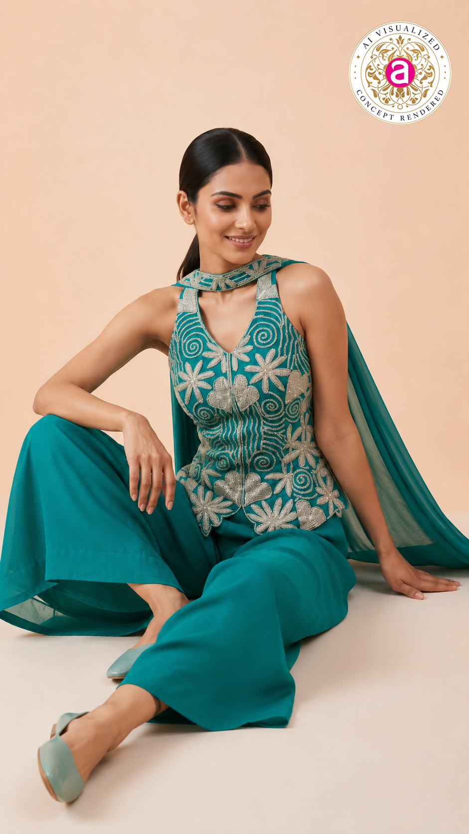 Teal Embroidered Halter Top & Palazzo Set