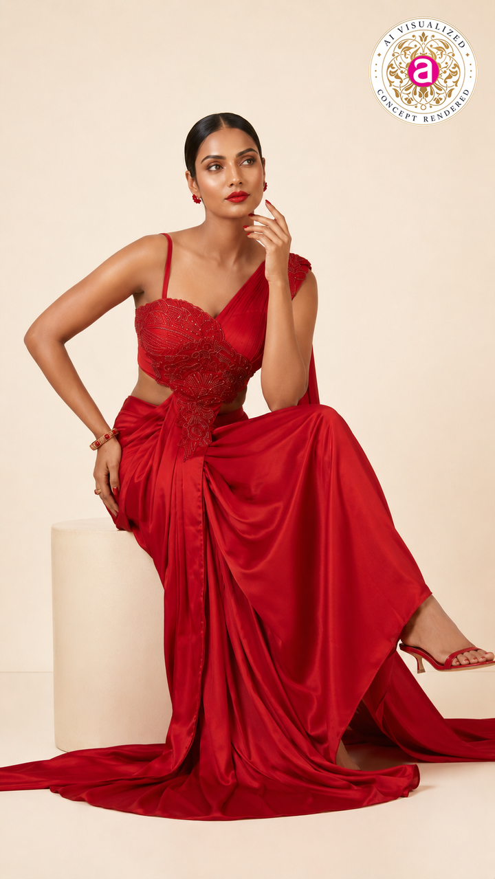 Ruby Red Draped Indo-Western Saree Gown with Embellished Floral Bodice