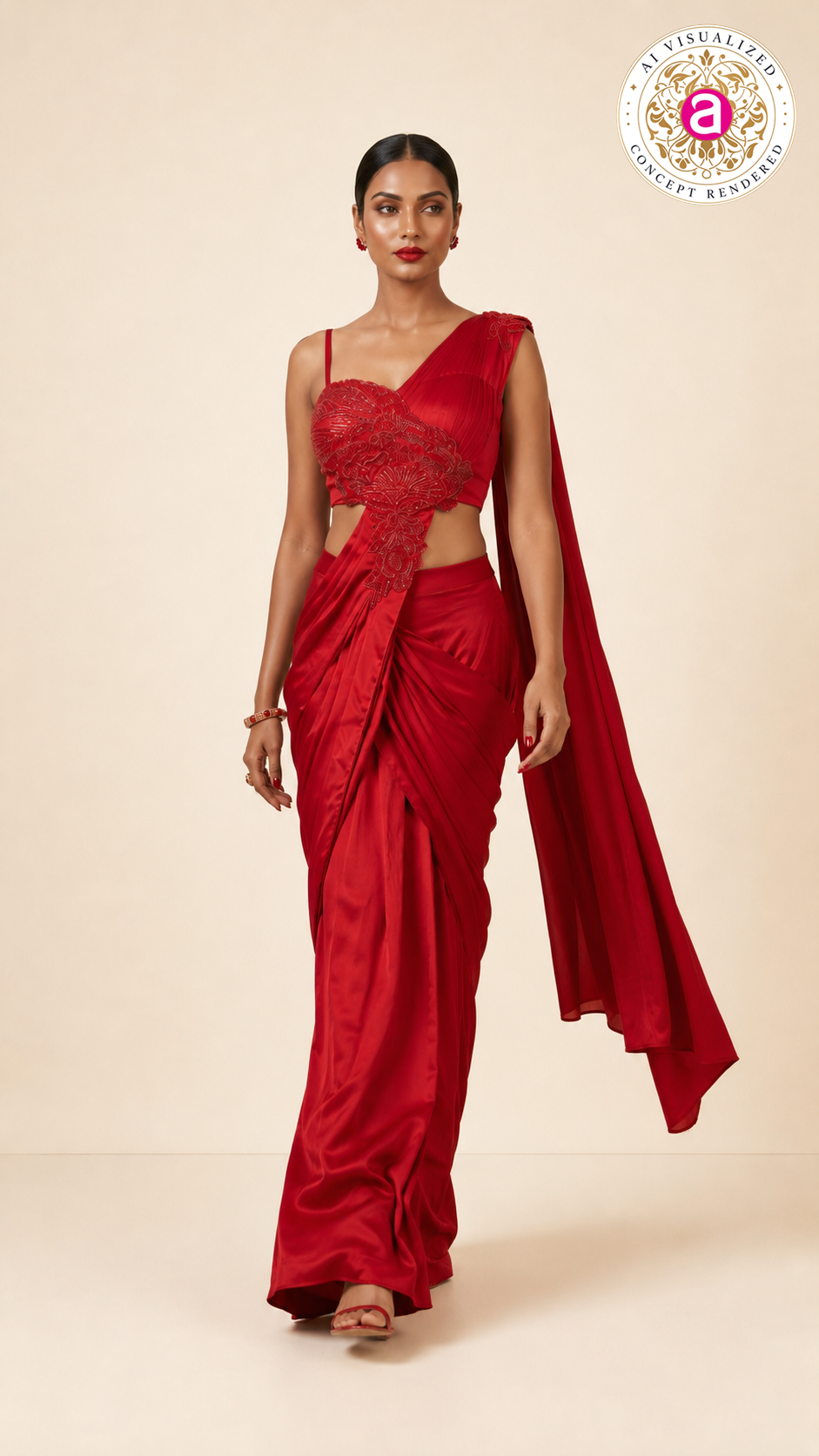 Ruby Red Draped Indo-Western Saree Gown with Embellished Floral Bodice