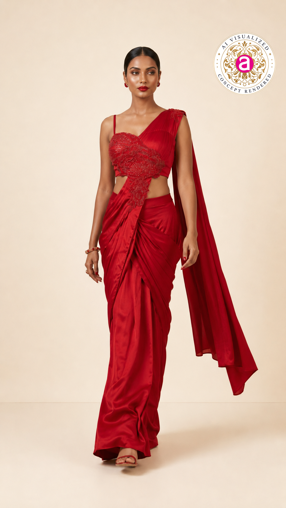 Ruby Red Draped Indo-Western Saree Gown with Embellished Floral Bodice