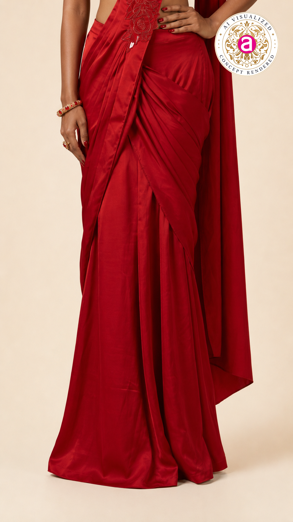 Ruby Red Draped Indo-Western Saree Gown with Embellished Floral Bodice