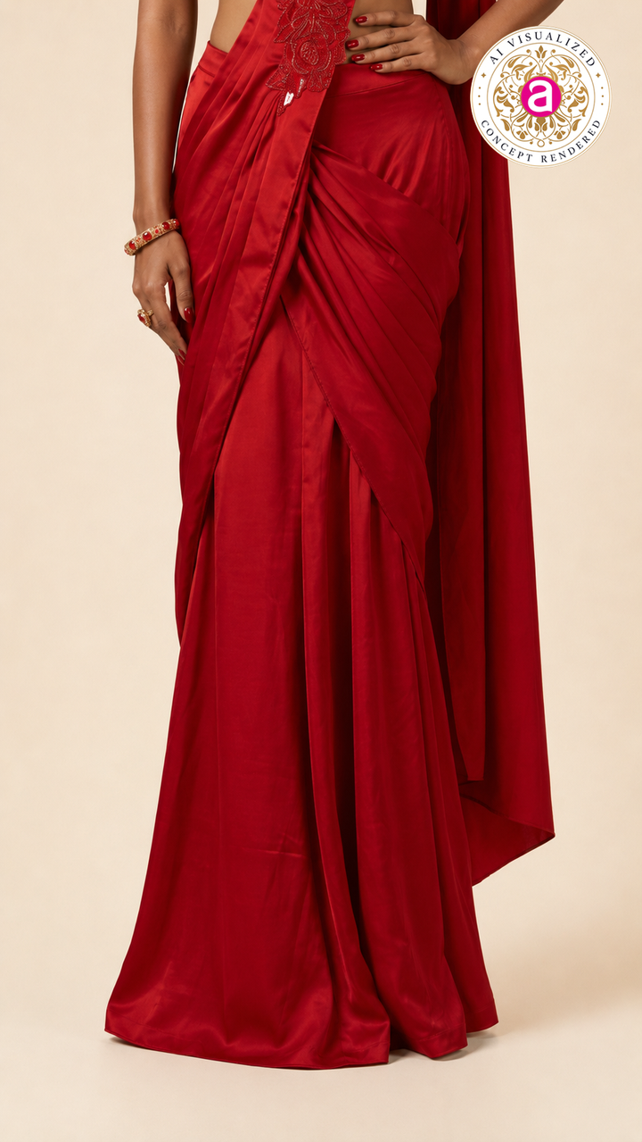 Ruby Red Draped Indo-Western Saree Gown with Embellished Floral Bodice