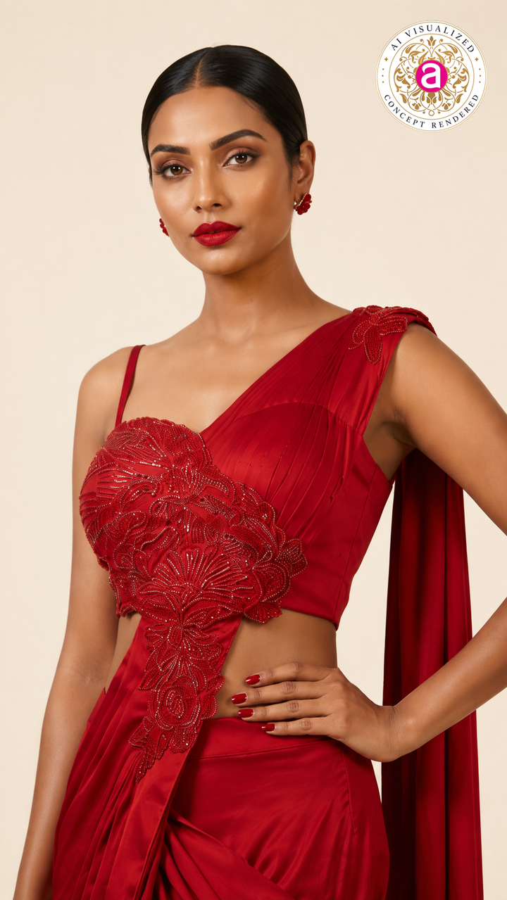 Ruby Red Draped Indo-Western Saree Gown with Embellished Floral Bodice