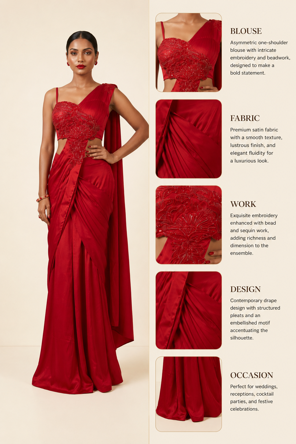 Ruby Red Draped Indo-Western Saree Gown with Embellished Floral Bodice