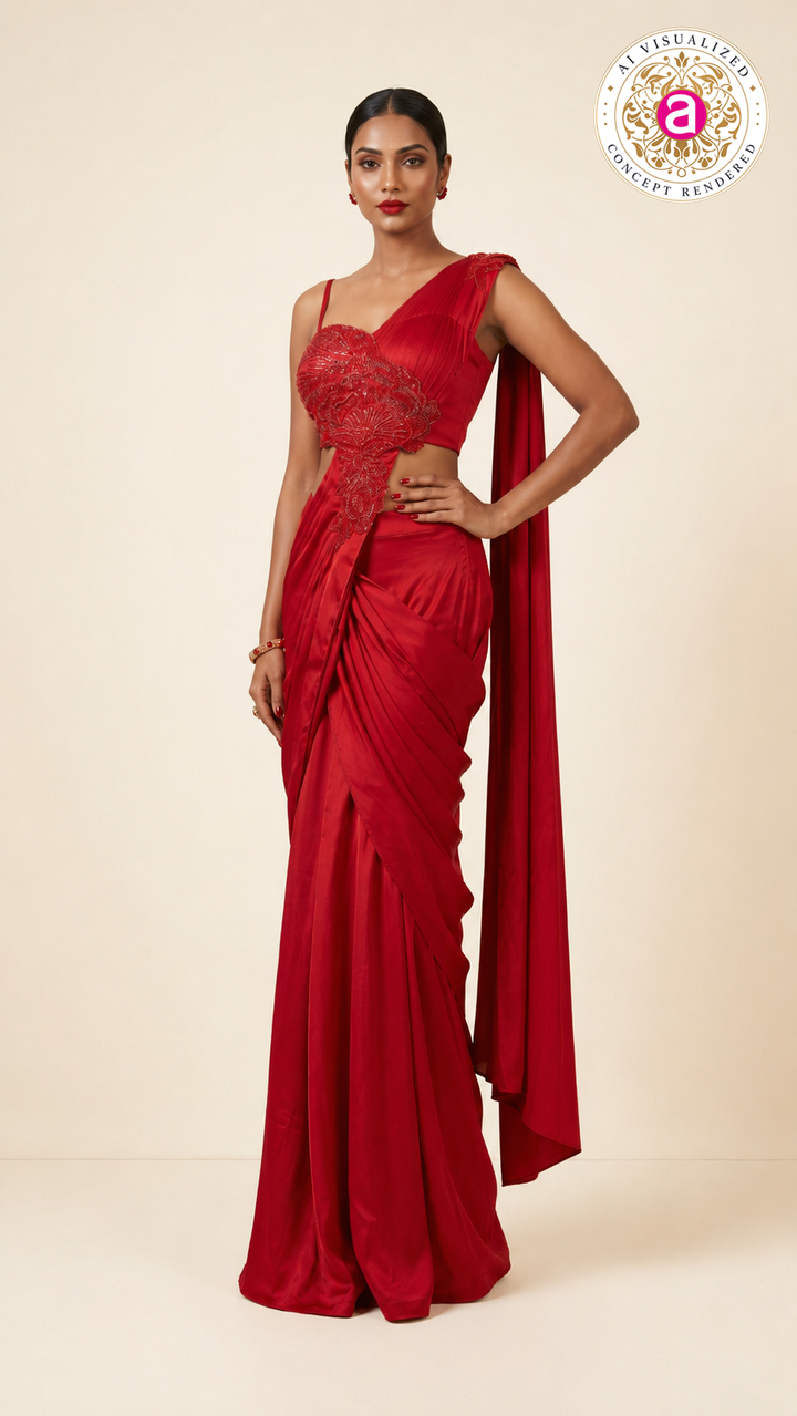 Ruby Red Draped Indo-Western Saree Gown with Embellished Floral Bodice