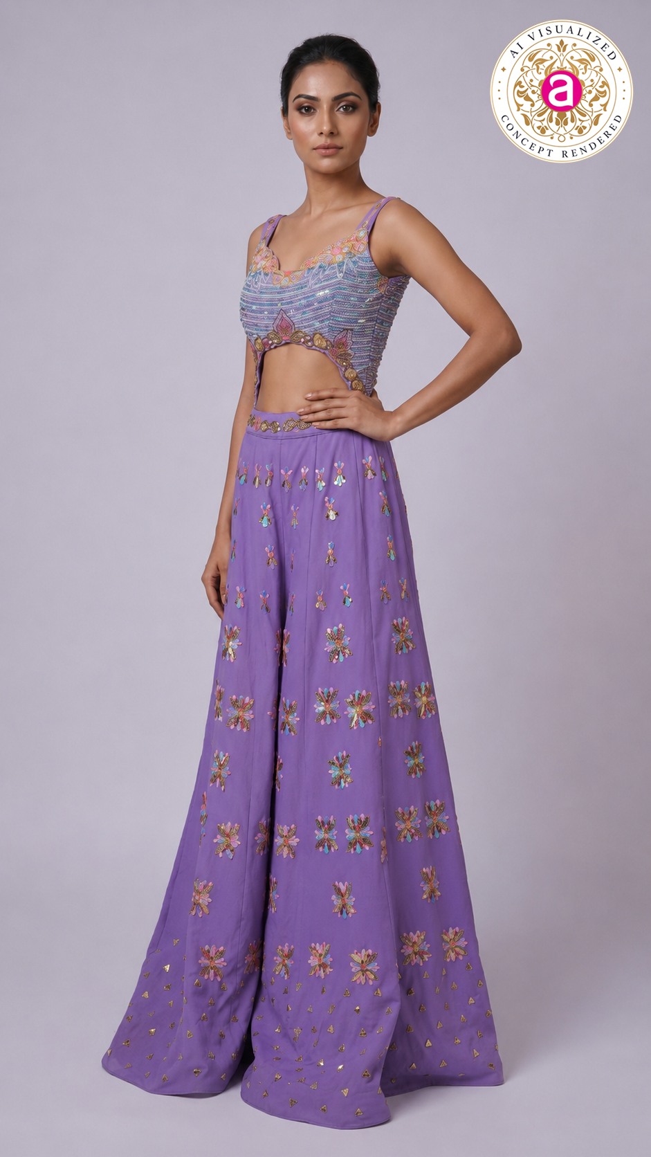 Lavender Embellished Cut-Out Blouse with Floral Palazzo Pants