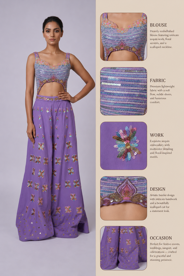 Lavender Embellished Cut-Out Blouse with Floral Palazzo Pants