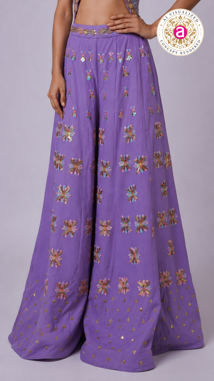 Lavender Embellished Cut-Out Blouse with Floral Palazzo Pants