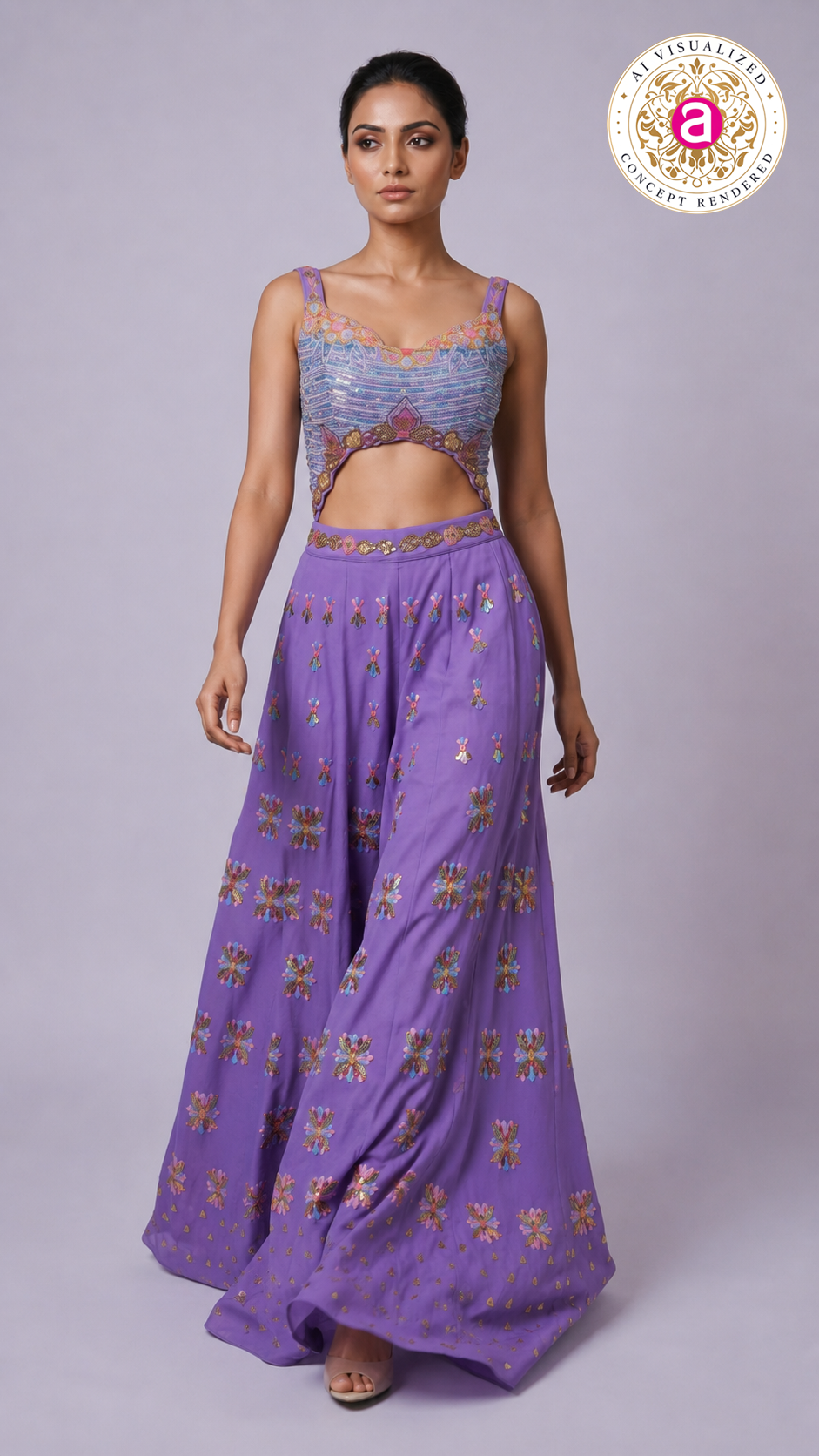 Lavender Embellished Cut-Out Blouse with Floral Palazzo Pants