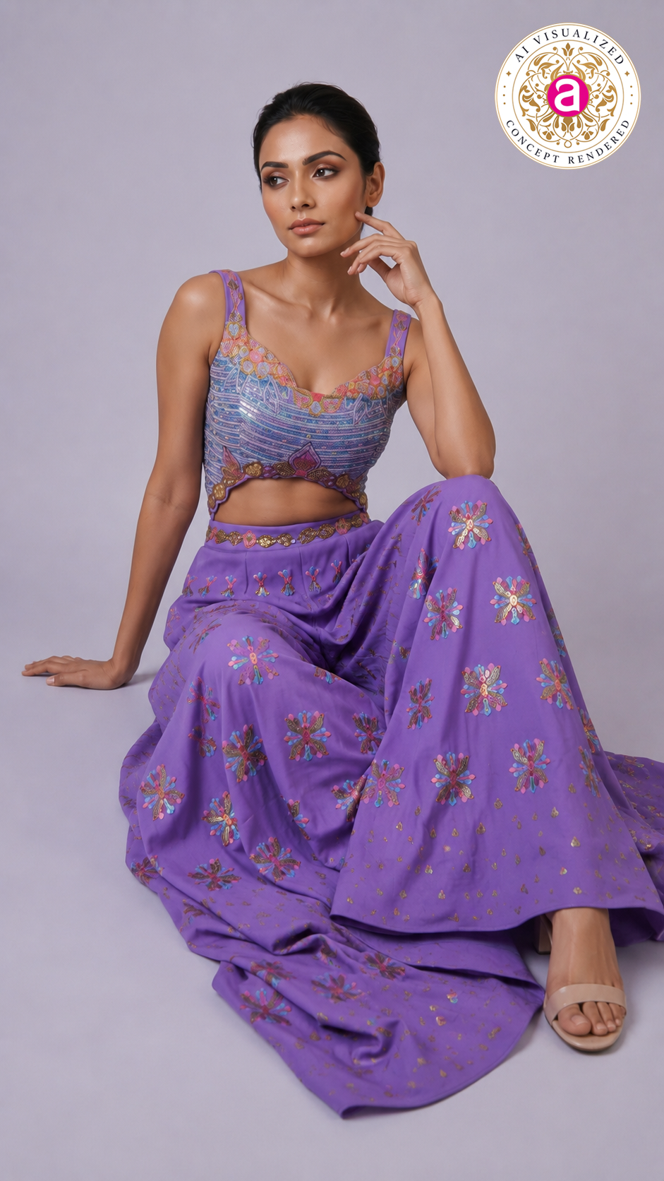 Lavender Embellished Cut-Out Blouse with Floral Palazzo Pants